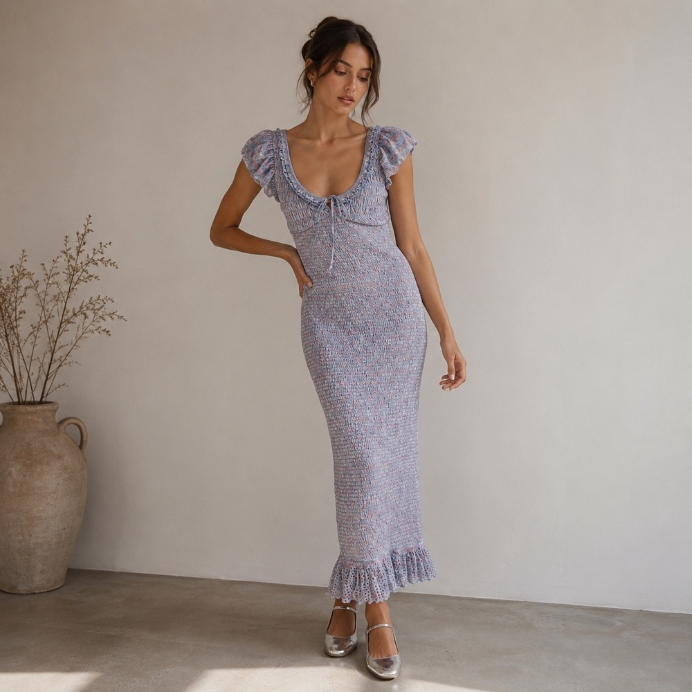 Free People McKenna Velvet Midi Dress Womens XS Blue Pink Floral Smocked Ruffle - Picture 16 of 16